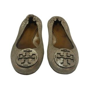 Tory Burch Women’s Gold Shimmery Suede RevaScrunch Ballet Flats Sz 8.5